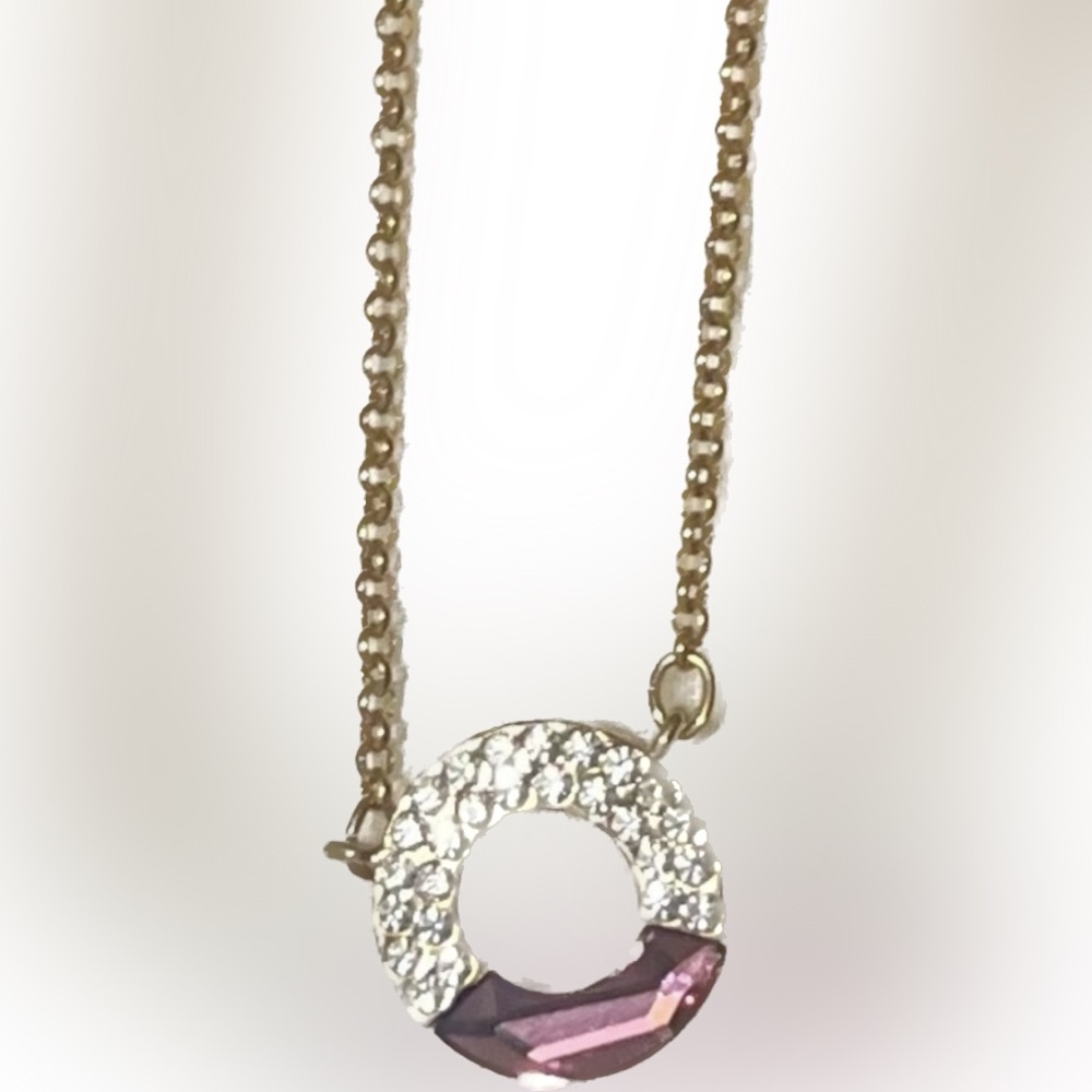 🍄Vintage Necklace Round Pendant Chain Vintage Purple Rhinestone Jewelry 17”